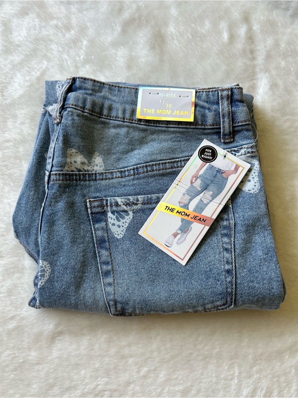 Tinseltown Light Blue Mom Jeans with White Butterfly Print